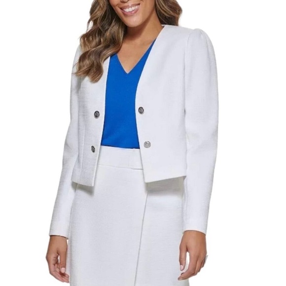 Calvin Klein Women's X-Fit Cropped Open Front Blazer Jacket Size 8 White NWOT - Picture 2 of 8